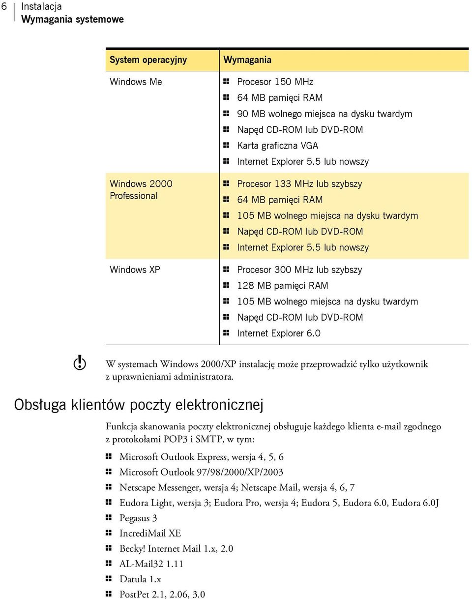 5 lub nowszy Windows 2000 Professional 1 Procesor 133 MHz lub szybszy 1 64 MB pamięci RAM 1 105 MB wolnego miejsca na dysku twardym 1 Napęd CD-ROM lub DVD-ROM 1 Internet Explorer 5.