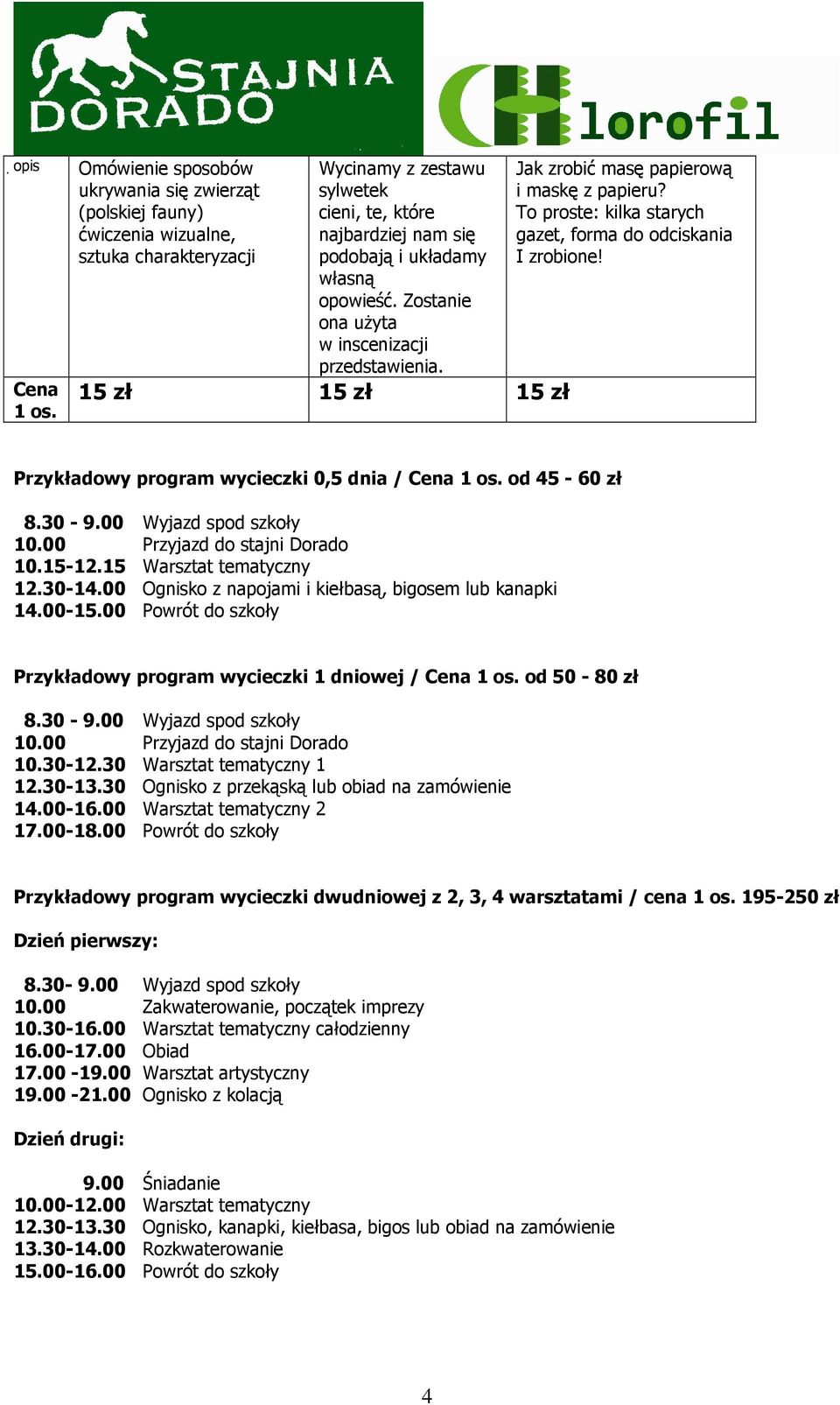 Przykładowy program wycieczki 0,5 dnia / od 45-60 zł 8.30-9.00 Wyjazd spod szkoły 10.00 Przyjazd do stajni Dorado 10.15-12.15 Warsztat tematyczny 12.30-14.