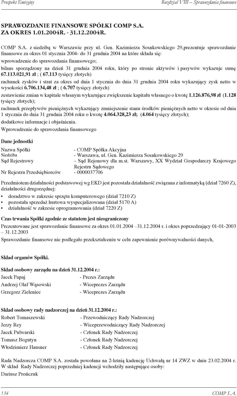 31 grudnia 2004 roku, który po stronie aktywów i pasywów wykazuje sumę 67.113.021,91 zł ; ( 67.