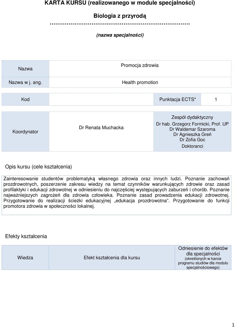 UP Dr Waldemar Szaroma Dr Agnieszka Greń Dr Zofia Goc Doktoranci Opis kursu (cele kształcenia) Zainteresowanie studentów problematyką własnego zdrowia oraz innych ludzi.