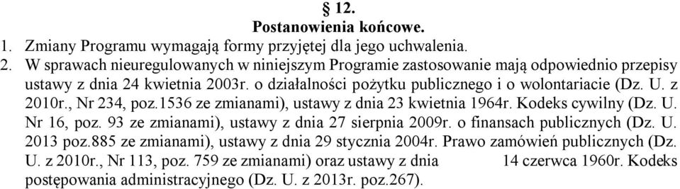 o działalności pożytku publicznego i o wolontariacie (Dz. U. z 2010r., Nr 234, poz.1536 ze zmianami), ustawy z dnia 23 kwietnia 1964r. Kodeks cywilny (Dz. U. Nr 16, poz.