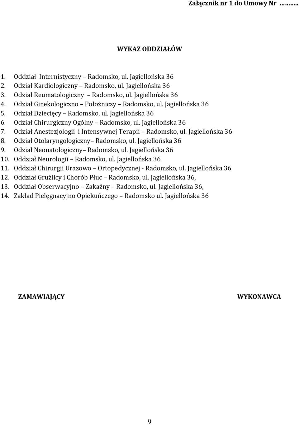 Odział Anestezjologii i Intensywnej Terapii Radomsko, ul. Jagiellońska 36 8. Odział Otolaryngologiczny Radomsko, ul. Jagiellońska 36 9. Odział Neonatologiczny Radomsko, ul. Jagiellońska 36 10.