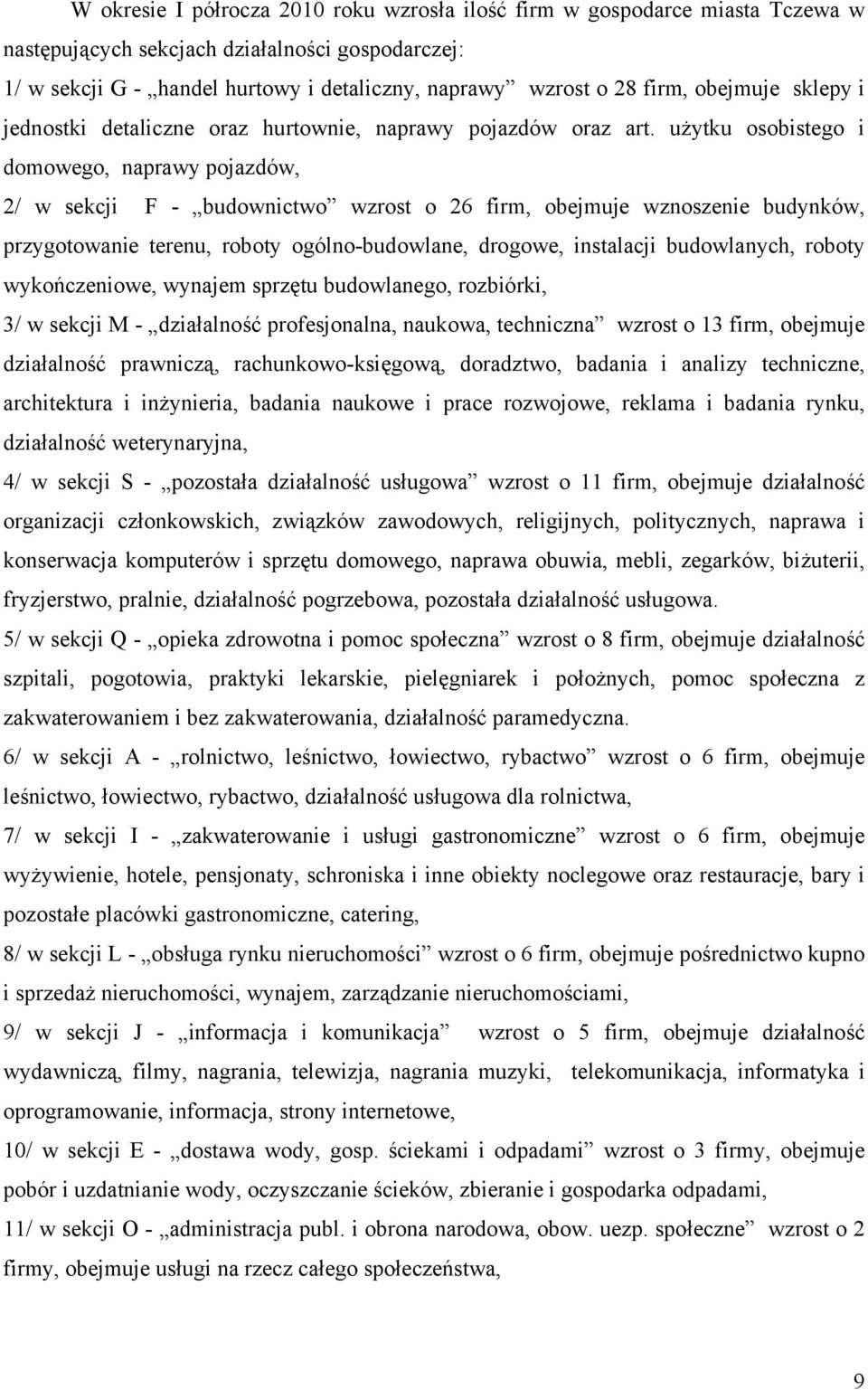 użytku osobistego i domowego, naprawy pojazdów, 2/ w sekcji F - budownictwo wzrost o 26 firm, obejmuje wznoszenie budynków, przygotowanie terenu, roboty ogólno-budowlane, drogowe, instalacji