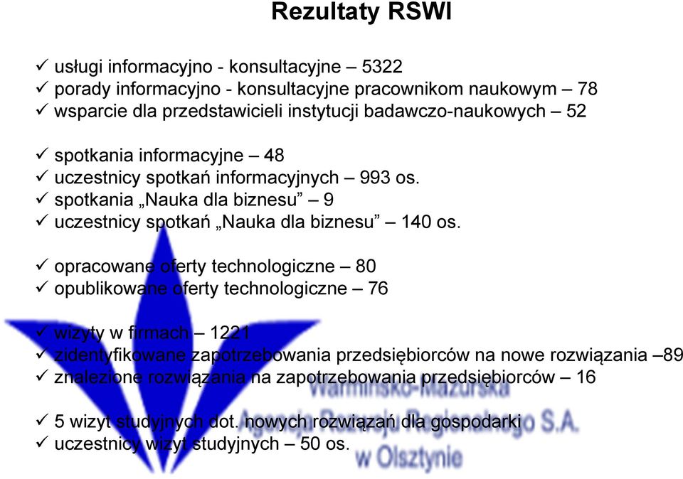 spotkania Nauka dla biznesu 9 uczestnicy spotkań Nauka dla biznesu 140 os.