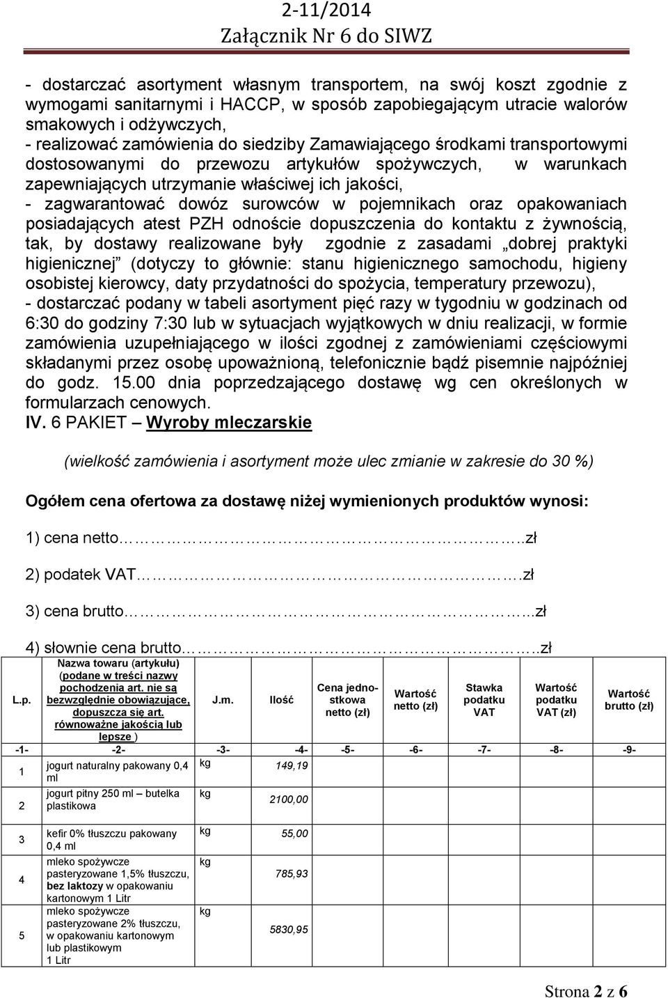 opakowaniach posiadających atest PZH odnoście dopuszczenia do kontaktu z żywnością, tak, by dostawy realizowane były zgodnie z zasadami dobrej praktyki higienicznej (dotyczy to głównie: stanu