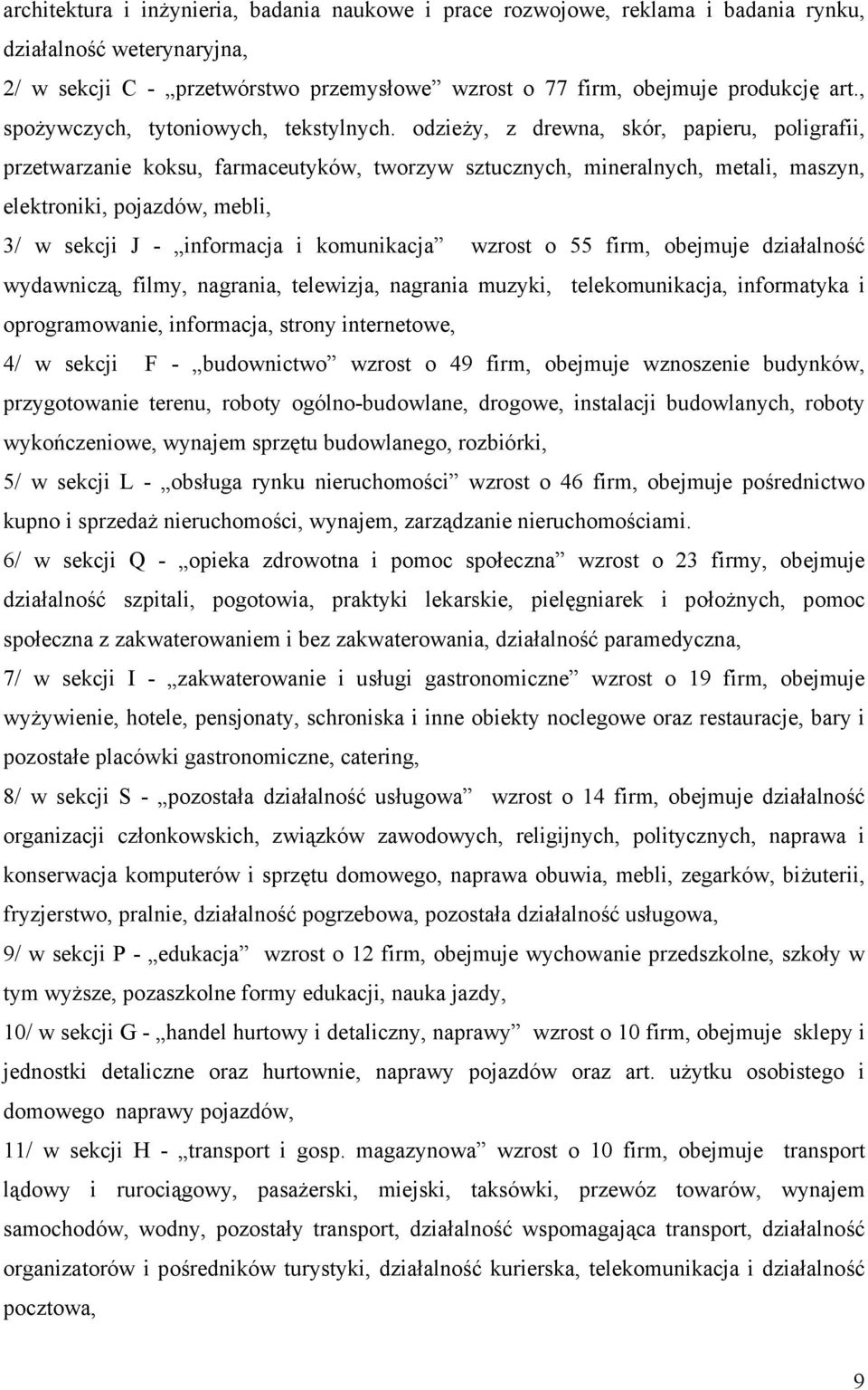 odzieży, z drewna, skór, papieru, poligrafii, przetwarzanie koksu, farmaceutyków, tworzyw sztucznych, mineralnych, metali, maszyn, elektroniki, pojazdów, mebli, 3/ w sekcji J - informacja i