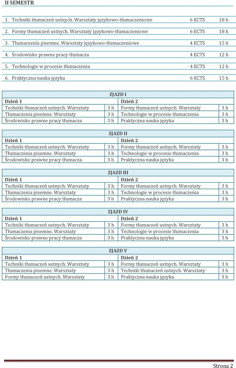 Praktyczna nauka języka 6 ECTS 15 h Środowisko prawne pracy 3 h Praktyczna nauka języka 3 h Środowisko prawne pracy 3 h Praktyczna nauka języka 3 h Środowisko prawne pracy 3 h