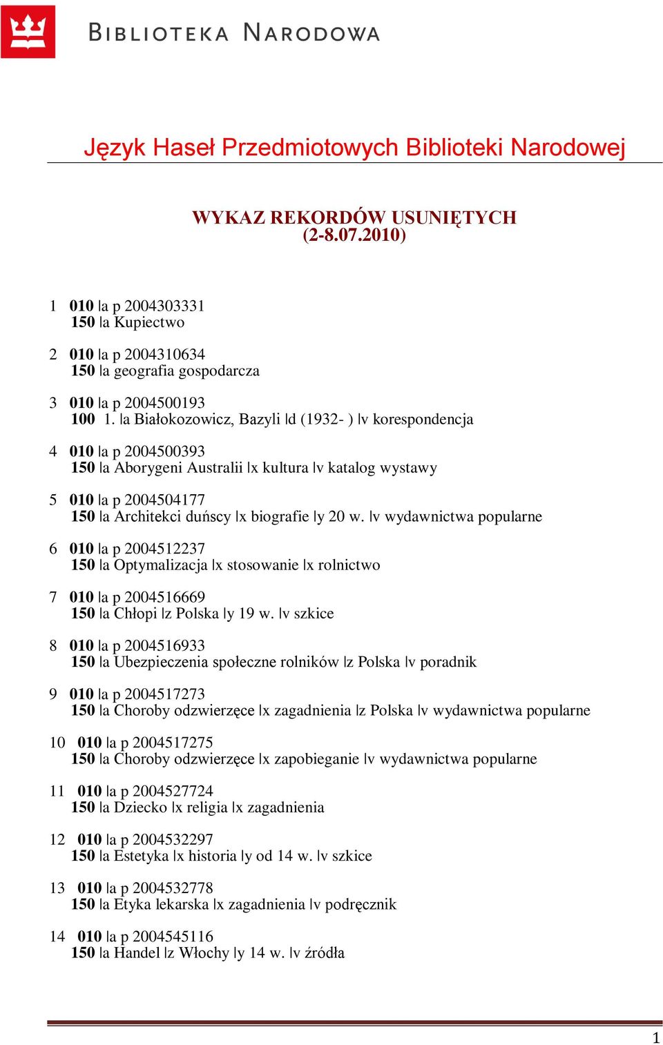 a Białokozowicz, Bazyli d (1932- ) v korespondencja 4 010 a p 2004500393 150 a Aborygeni Australii x kultura v katalog wystawy 5 010 a p 2004504177 150 a Architekci duńscy x biografie y 20 w.