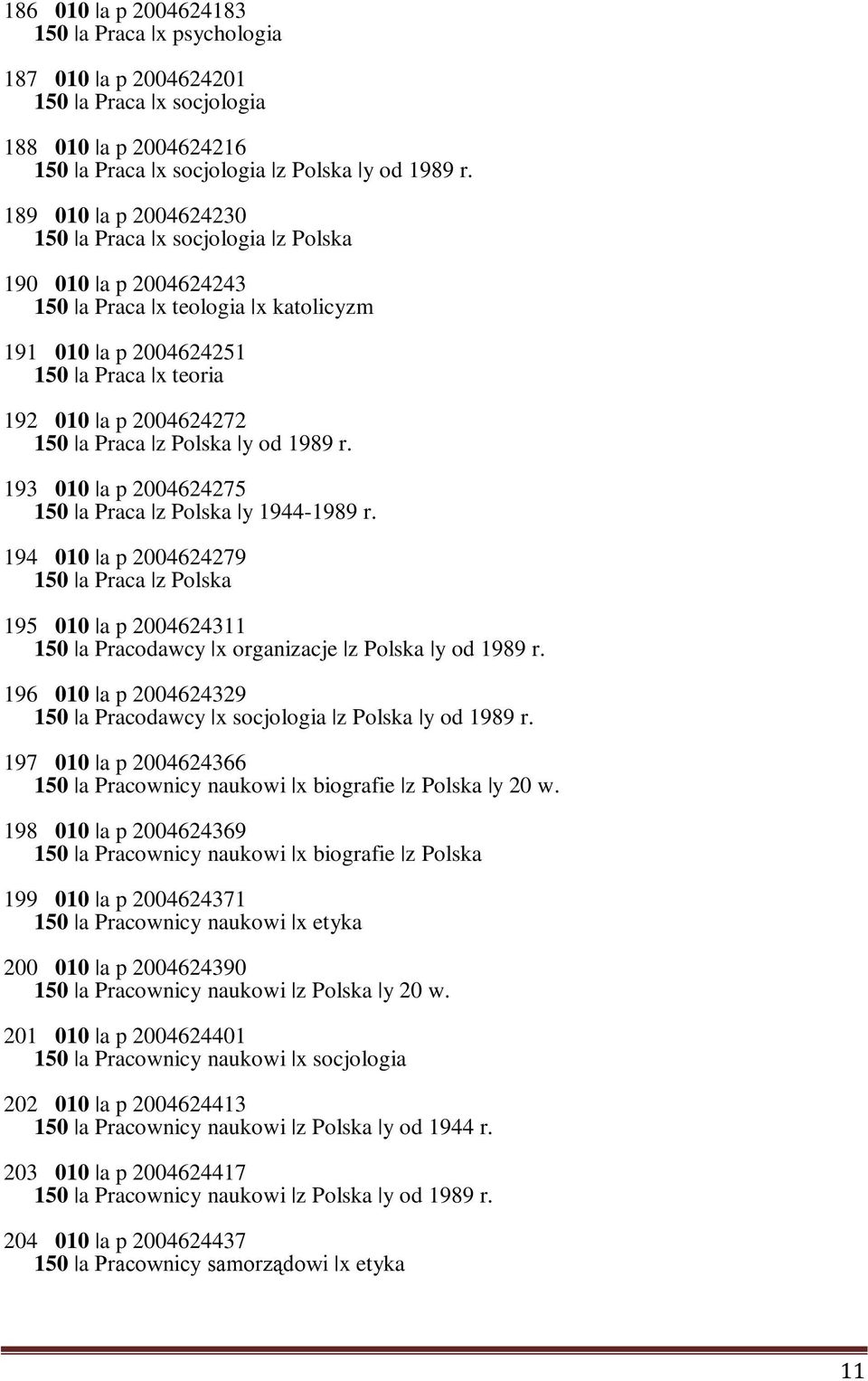 Polska y od 1989 r. 193 010 a p 2004624275 150 a Praca z Polska y 1944-1989 r. 194 010 a p 2004624279 150 a Praca z Polska 195 010 a p 2004624311 150 a Pracodawcy x organizacje z Polska y od 1989 r.