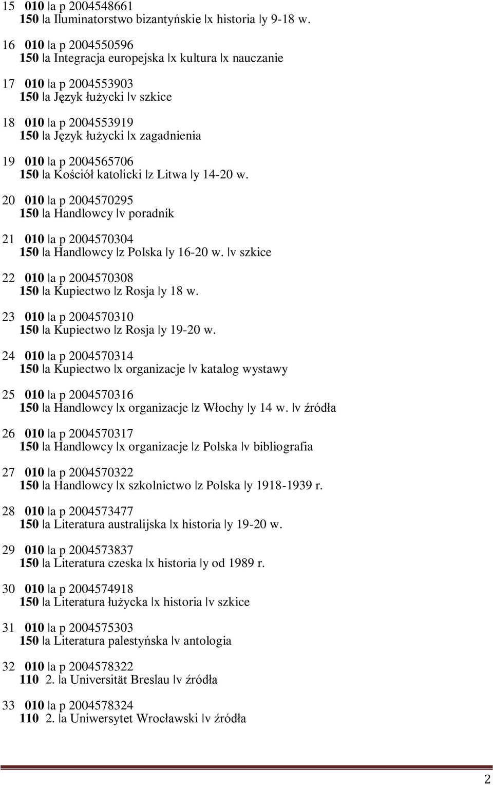 2004565706 150 a Kościół katolicki z Litwa y 14-20 w. 20 010 a p 2004570295 150 a Handlowcy v poradnik 21 010 a p 2004570304 150 a Handlowcy z Polska y 16-20 w.