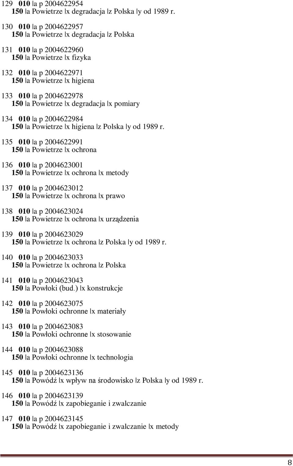 degradacja x pomiary 134 010 a p 2004622984 150 a Powietrze x higiena z Polska y od 1989 r.