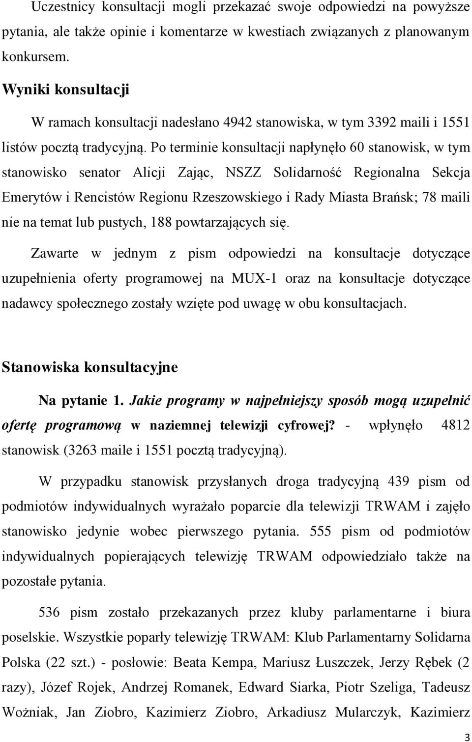 Po terminie konsultacji napłynęło 60 stanowisk, w tym stanowisko senator Alicji Zając, NSZZ Solidarność Regionalna Sekcja Emerytów i Rencistów Regionu Rzeszowskiego i Rady Miasta Brańsk; 78 maili nie