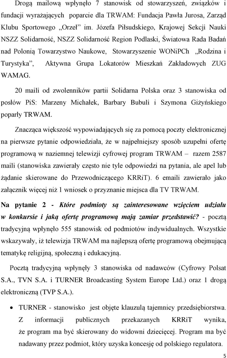 Grupa Lokatorów Mieszkań Zakładowych ZUG WAMAG. 20 maili od zwolenników partii Solidarna Polska oraz 3 stanowiska od posłów PiS: Marzeny Michałek, Barbary Bubuli i Szymona Giżyńskiego poparły TRWAM.