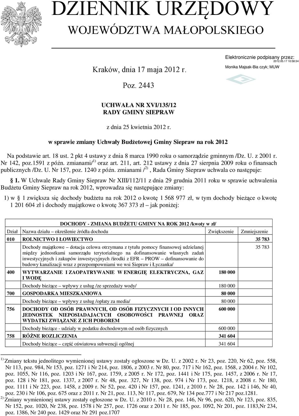 zmianami/ 1) oraz art. 211, art. 212 ustawy z dnia 27 sierpnia 2009 roku o finansach publicznych /Dz. U. Nr 157, poz. 1240 z późn. zmianami / 2), Rada Gminy Siepraw uchwala co następuje: 1.