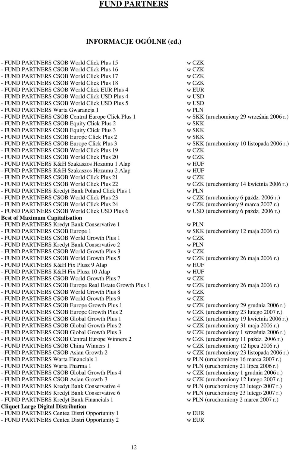PARTNERS CSOB World Click EUR Plus 4 w EUR - FUND PARTNERS CSOB World Click USD Plus 4 w USD - FUND PARTNERS CSOB World Click USD Plus 5 w USD - FUND PARTNERS Warta Gwarancja 1 w PLN - FUND PARTNERS