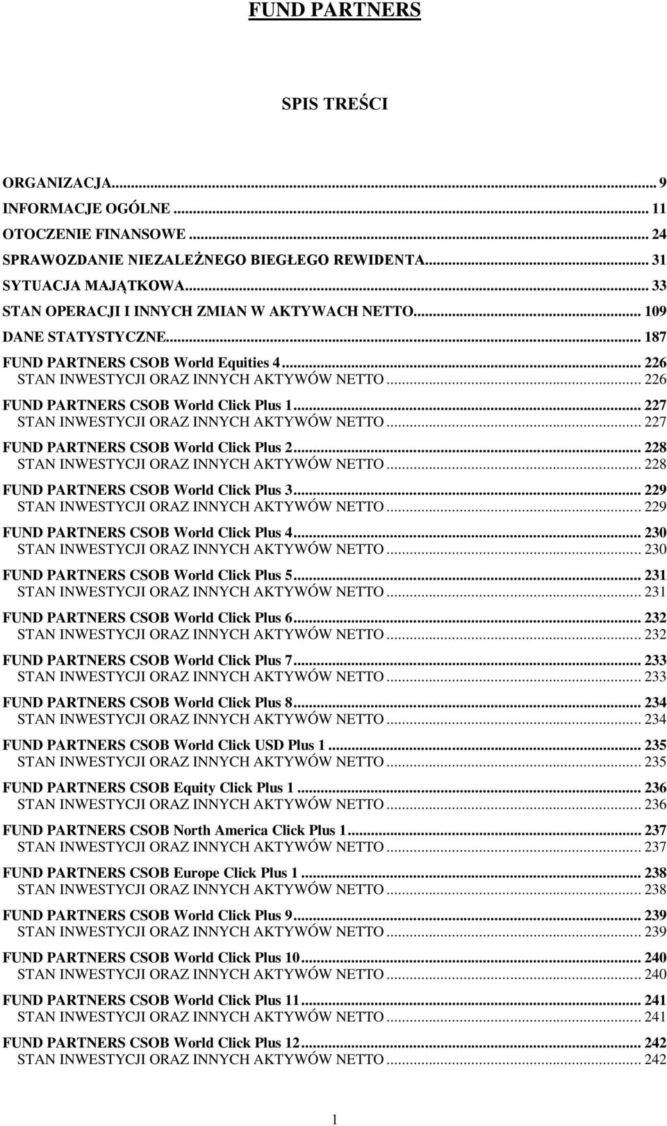 .. 227 STAN INWESTYCJI ORAZ INNYCH AKTYWÓW NETTO... 227 FUND PARTNERS CSOB World Click Plus 2... 228 STAN INWESTYCJI ORAZ INNYCH AKTYWÓW NETTO... 228 FUND PARTNERS CSOB World Click Plus 3.