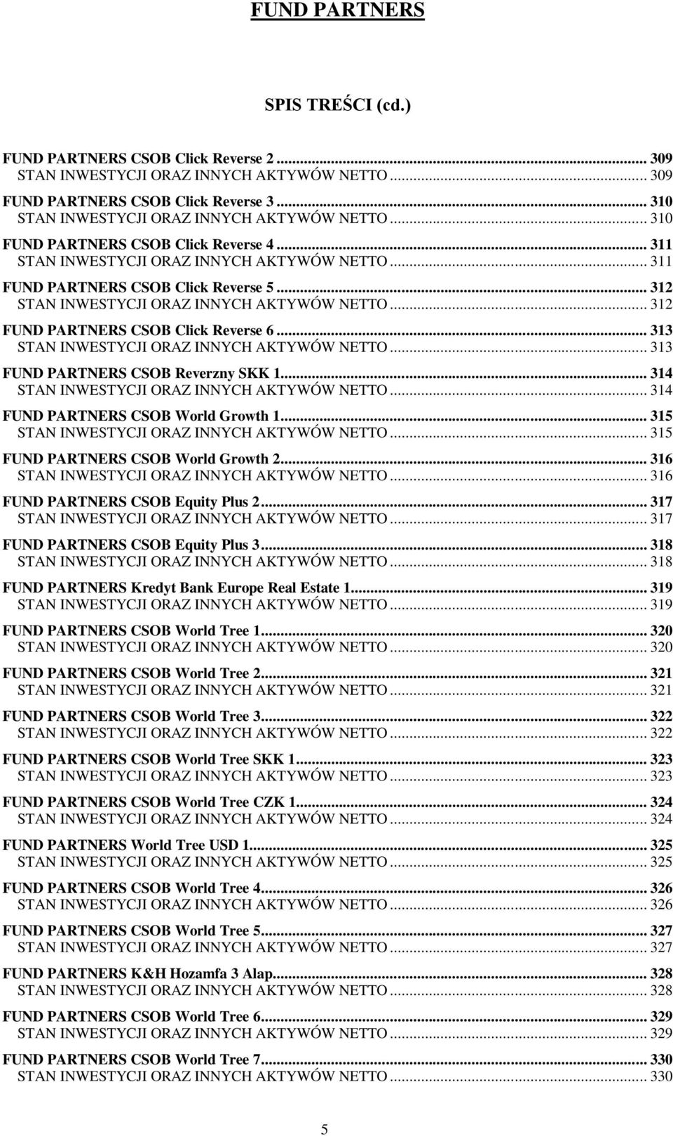 .. 312 FUND PARTNERS CSOB Click Reverse 6... 313 STAN INWESTYCJI ORAZ INNYCH AKTYWÓW NETTO... 313 FUND PARTNERS CSOB Reverzny SKK 1... 314 STAN INWESTYCJI ORAZ INNYCH AKTYWÓW NETTO.