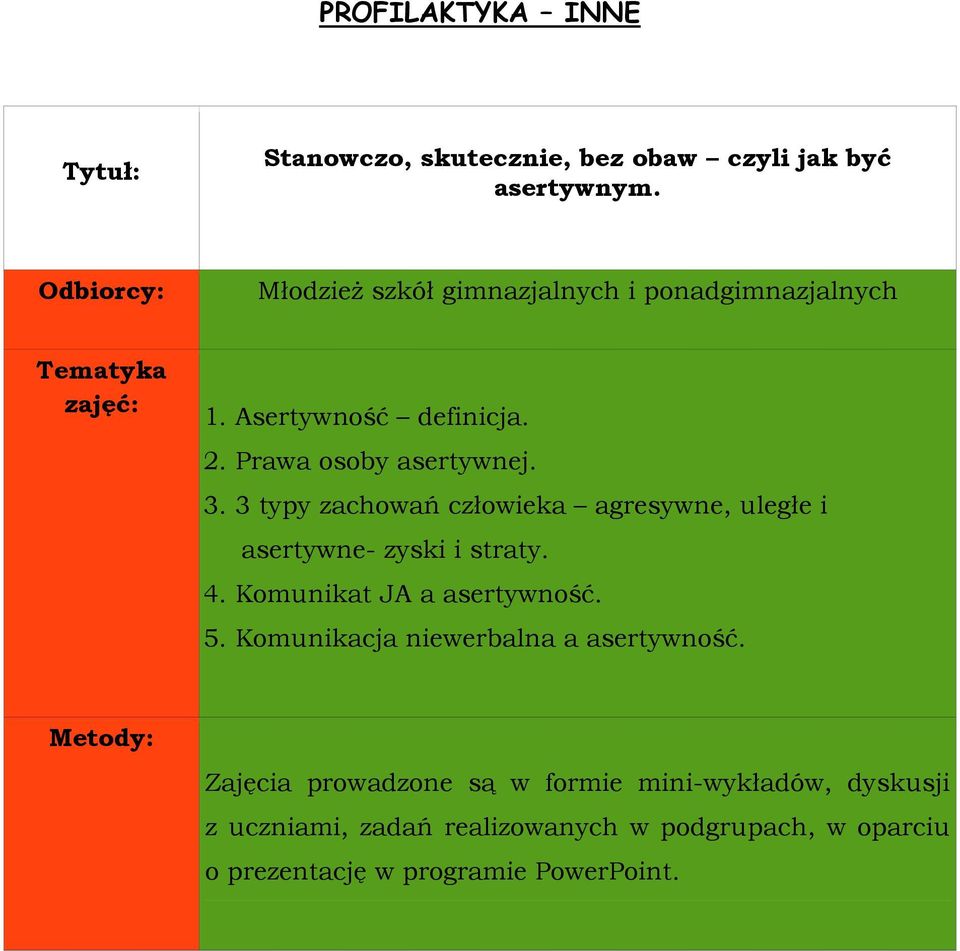 3 typy zachowań człowieka agresywne, uległe i asertywne- zyski i straty. 4. Komunikat JA a asertywność. 5.