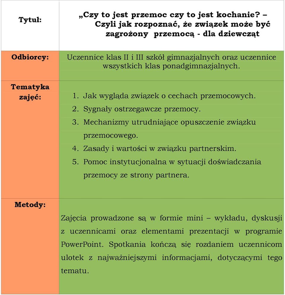 Jak wygląda związek o cechach przemocowych. 2. Sygnały ostrzegawcze przemocy. 3. Mechanizmy utrudniające opuszczenie związku przemocowego. 4.