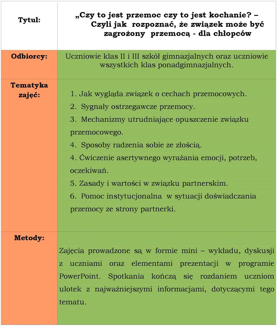 Jak wygląda związek o cechach przemocowych. 2. Sygnały ostrzegawcze przemocy. 3. Mechanizmy utrudniające opuszczenie związku przemocowego. 4.