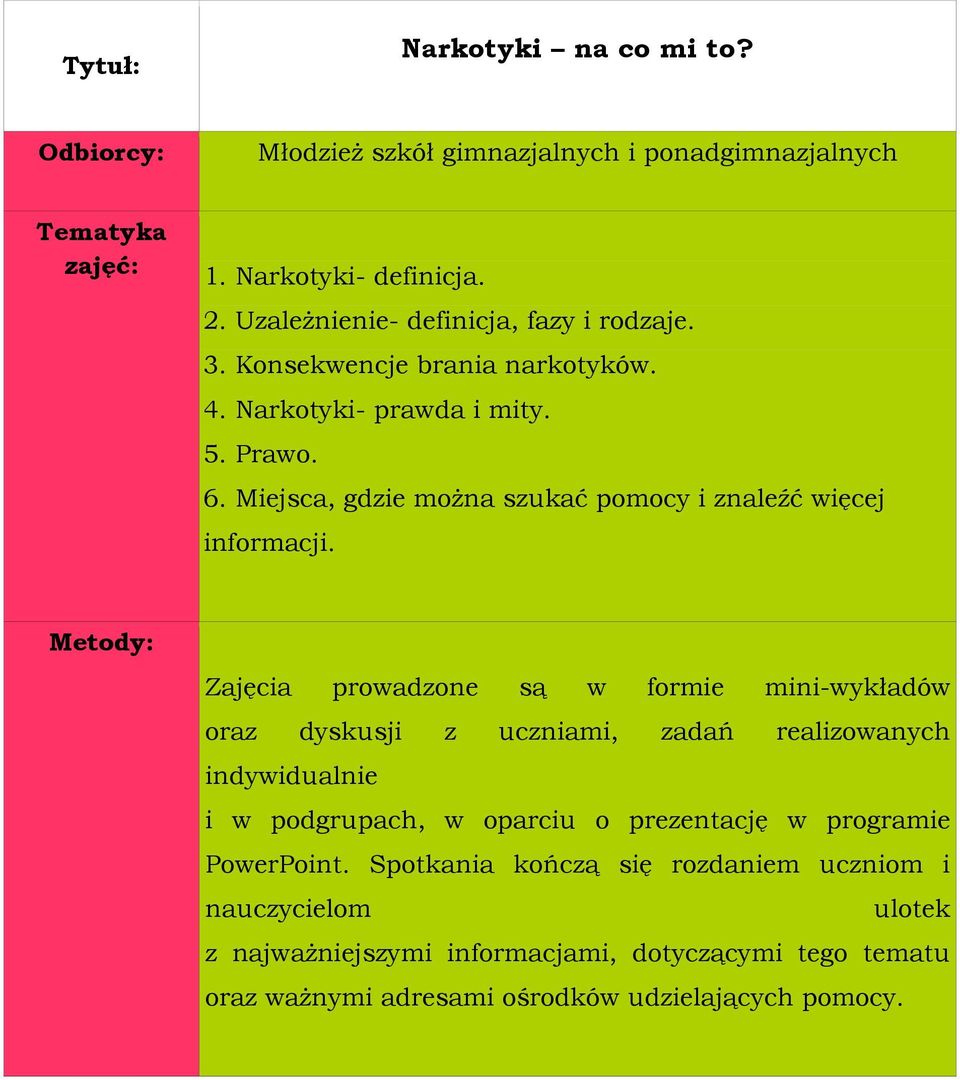 Zajęcia prowadzone są w formie mini-wykładów oraz dyskusji z uczniami, zadań realizowanych indywidualnie i w podgrupach, w oparciu o prezentację w