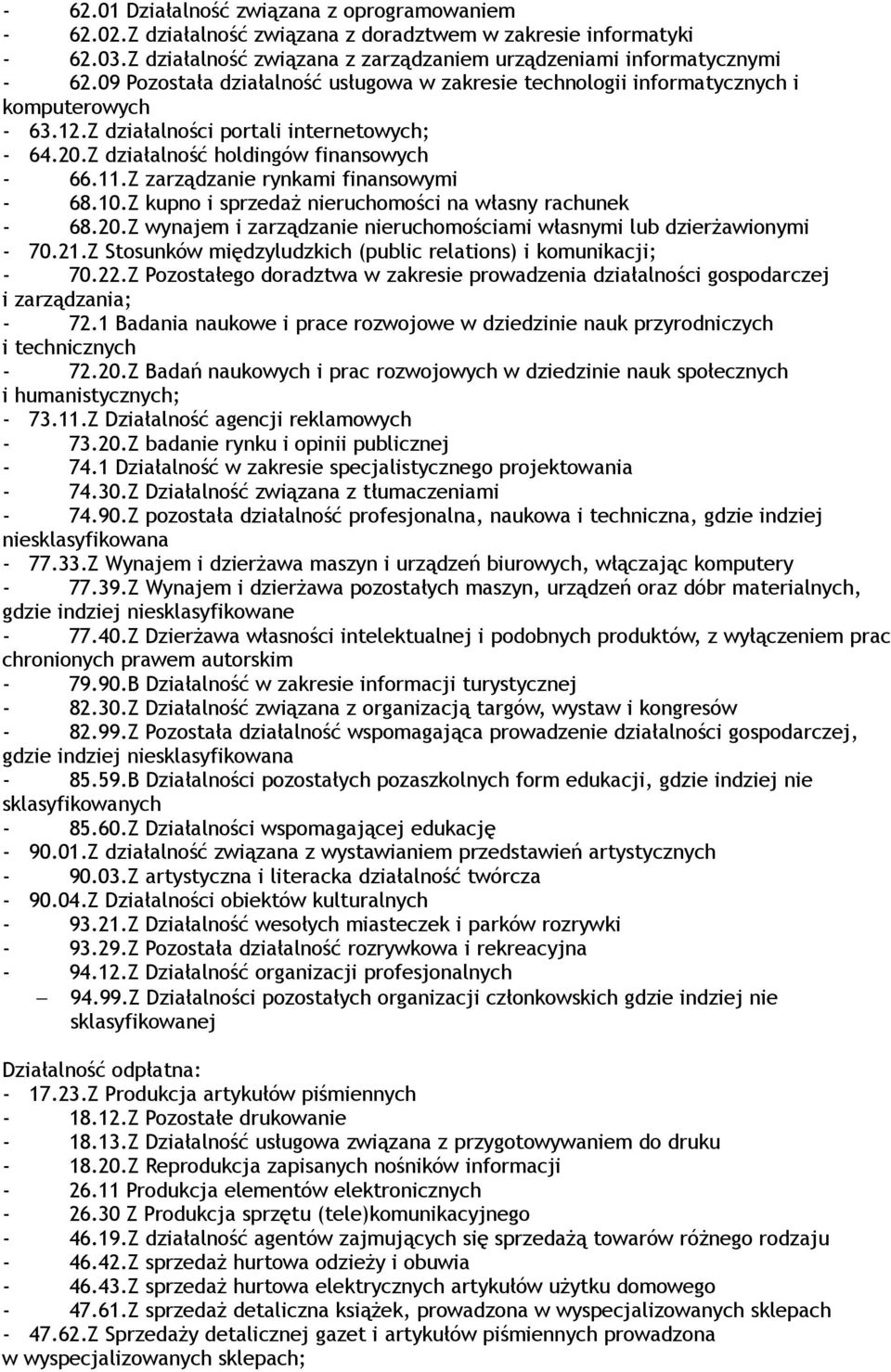 Z zarządzanie rynkami finansowymi - 68.10.Z kupno i sprzedaż nieruchomości na własny rachunek - 68.20.Z wynajem i zarządzanie nieruchomościami własnymi lub dzierżawionymi - 70.21.