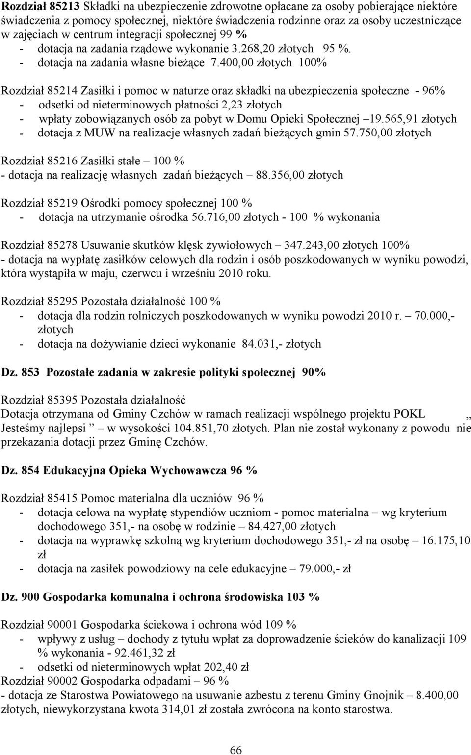 400,00 złotych 100% Rozdział 85214 Zasiłki i pomoc w naturze oraz składki na ubezpieczenia społeczne - 96% - odsetki od nieterminowych płatności 2,23 złotych - wpłaty zobowiązanych osób za pobyt w