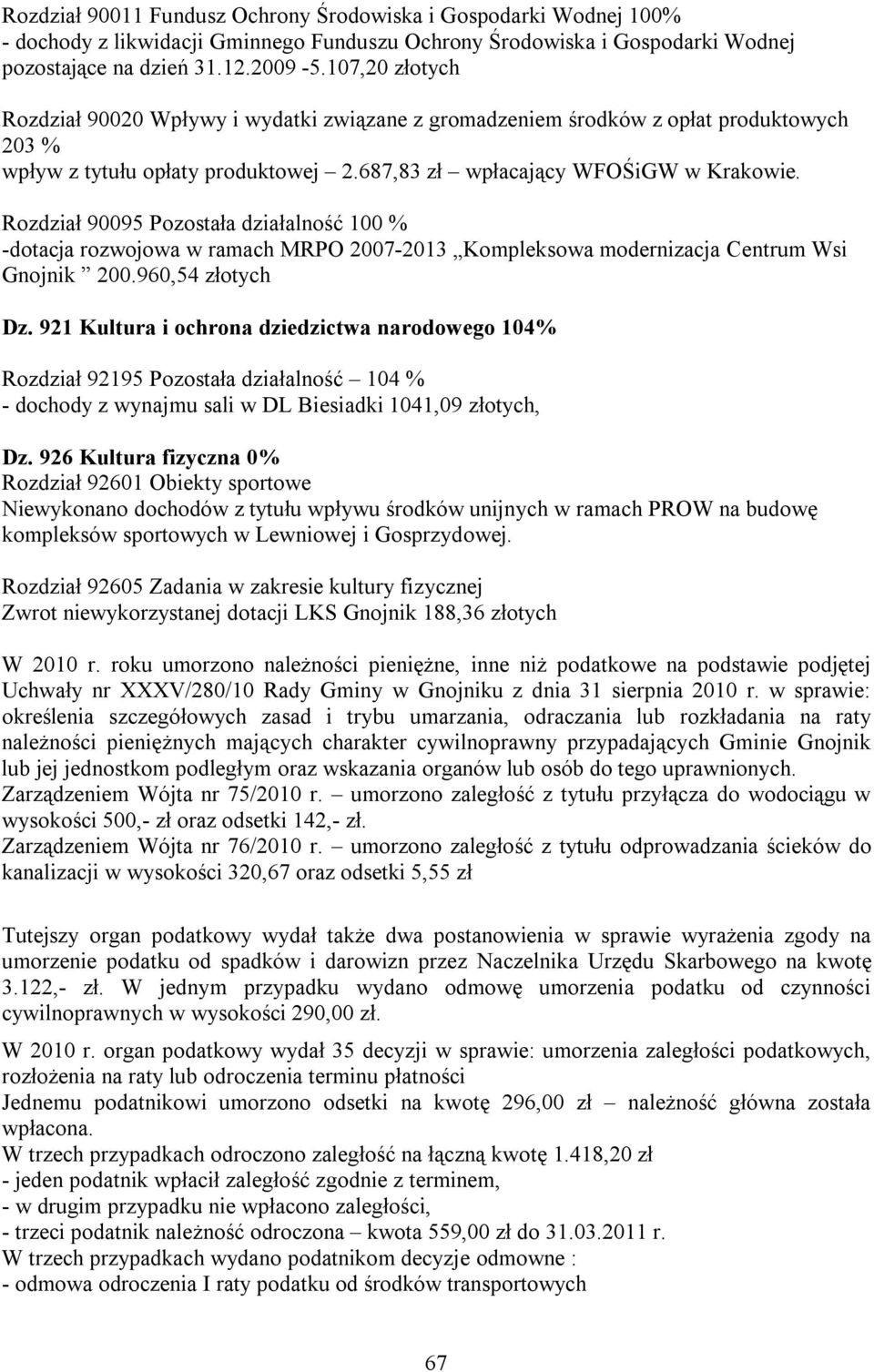 Rozdział 90095 Pozostała działalność 100 % -dotacja rozwojowa w ramach MRPO 2007-2013 Kompleksowa modernizacja Centrum Wsi Gnojnik 200.960,54 złotych Dz.