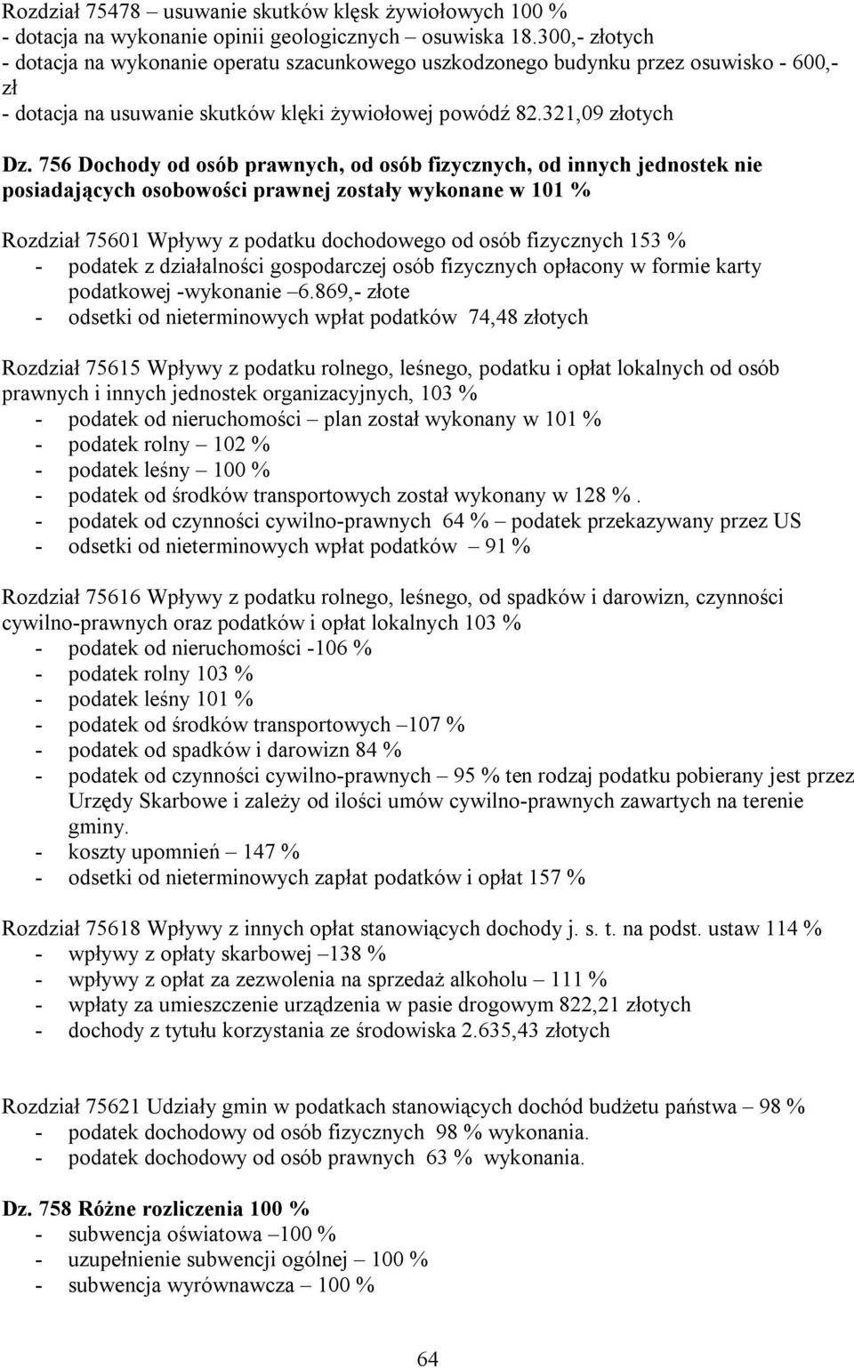 756 Dochody od osób prawnych, od osób fizycznych, od innych jednostek nie posiadających osobowości prawnej zostały wykonane w 101 % Rozdział 75601 Wpływy z podatku dochodowego od osób fizycznych 153