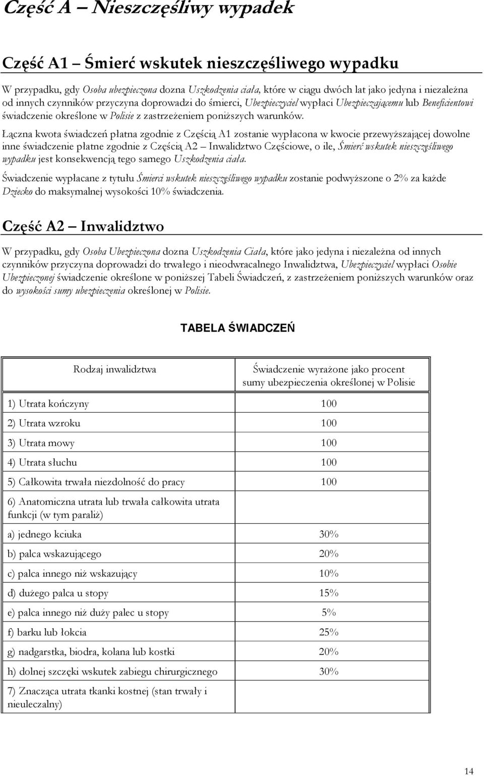 Łączna kwota świadczeń płatna zgodnie z Częścią A1 zostanie wypłacona w kwocie przewyŝszającej dowolne inne świadczenie płatne zgodnie z Częścią A2 Inwalidztwo Częściowe, o ile, Śmierć wskutek