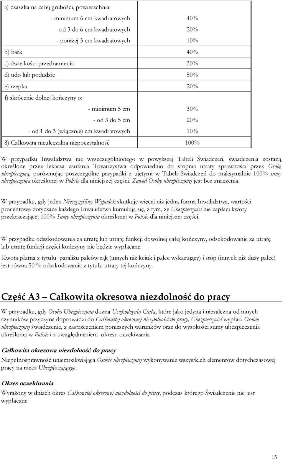 Inwalidztwa nie wyszczególnionego w powyŝszej Tabeli Świadczeń, świadczenia zostaną określone przez lekarza zaufania Towarzystwa odpowiednio do stopnia utraty sprawności przez Osobę ubezpieczoną,