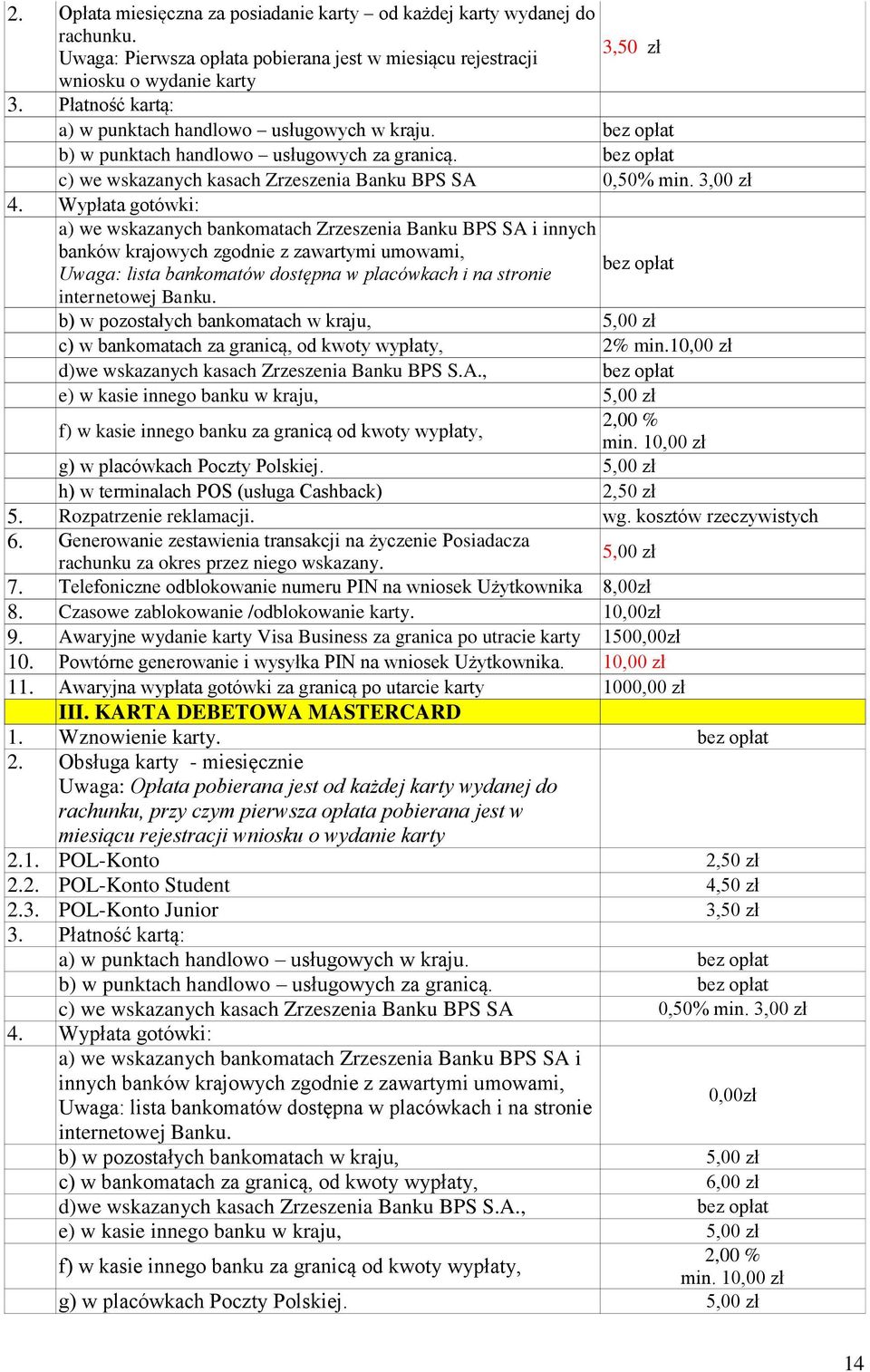 Wypłata gotówki: a) we wskazanych bankomatach Zrzeszenia Banku BPS SA i innych banków krajowych zgodnie z zawartymi umowami, Uwaga: lista bankomatów dostępna w placówkach i na stronie internetowej