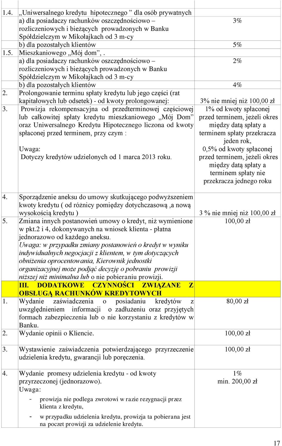 a) dla posiadaczy rachunków oszczędnościowo 2% rozliczeniowych i bieżących prowadzonych w Banku Spółdzielczym w Mikołajkach od 3 m-cy b) dla pozostałych klientów 4% 2.