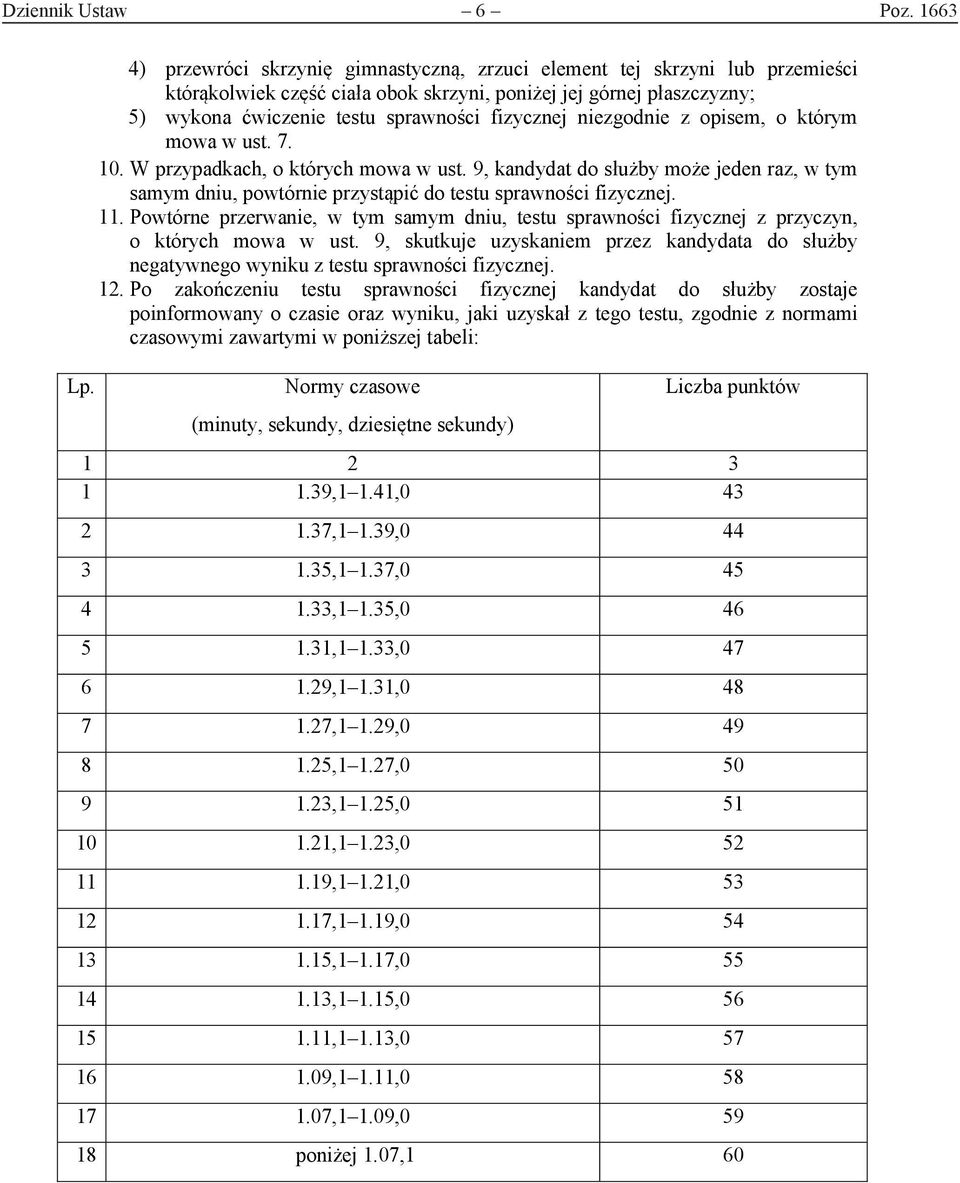 niezgodnie z opisem, o którym mowa w ust. 7. 10. W przypadkach, o których mowa w ust. 9, kandydat do służby może jeden raz, w tym samym dniu, powtórnie przystąpić do testu sprawności fizycznej. 11.