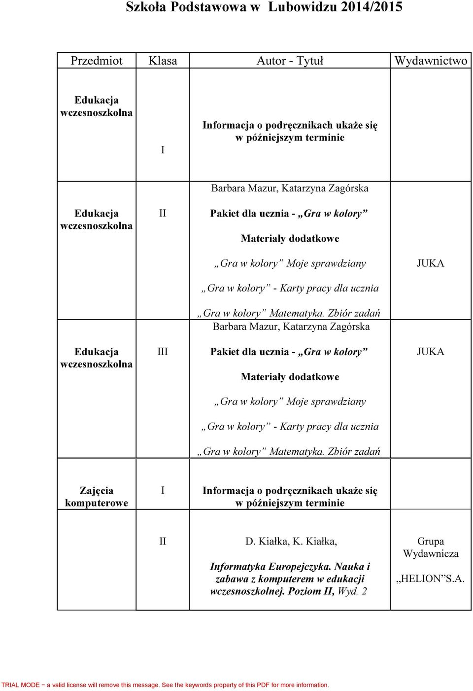 Zbiór zadań Barbara Mazur, Katarzyna Zagórska Edukacja wczesnoszkolna Pakiet dla ucznia - Gra w kolory Materiały dodatkowe JUKA Gra w kolory Moje sprawdziany Gra w kolory - Karty pracy dla ucznia Gra