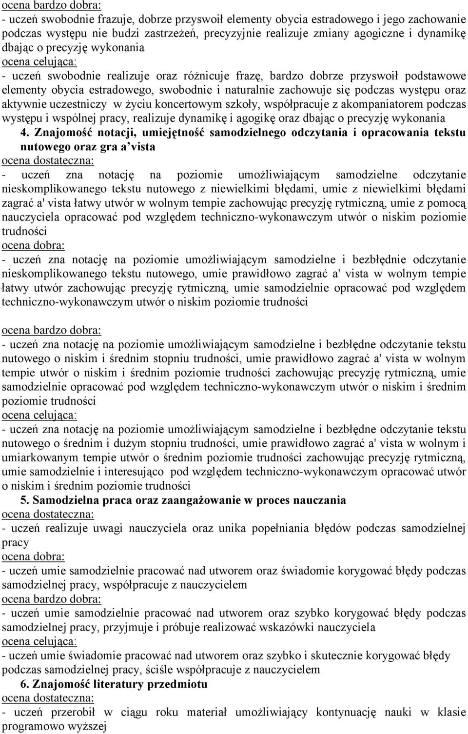 uczestniczy w życiu koncertowym szkoły, współpracuje z akompaniatorem podczas występu i wspólnej pracy, realizuje dynamikę i agogikę oraz dbając o precyzję wykonania 4.