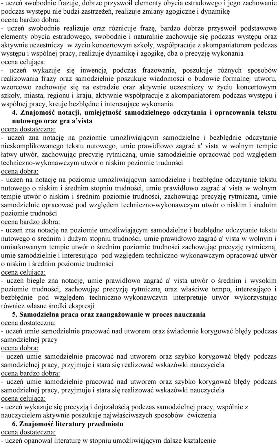 współpracuje z akompaniatorem podczas występu i wspólnej pracy, realizuje dynamikę i agogikę, dba o precyzję wykonania - uczeń wykazuje się inwencją podczas frazowania, poszukuje różnych sposobów