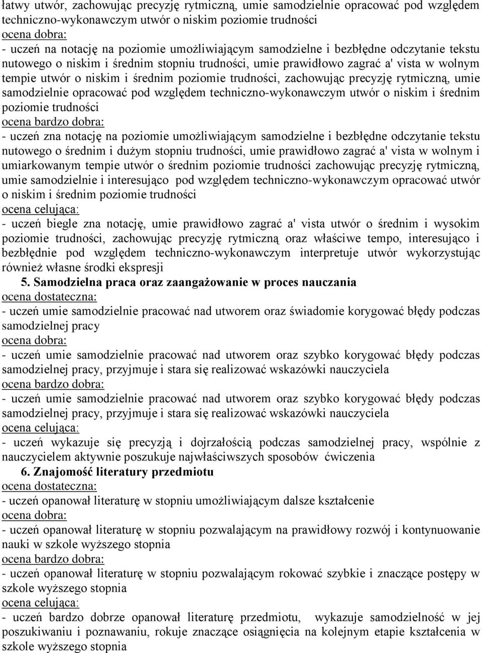 rytmiczną, umie samodzielnie opracować pod względem techniczno-wykonawczym utwór o niskim i średnim poziomie trudności - uczeń zna notację na poziomie umożliwiającym samodzielne i bezbłędne