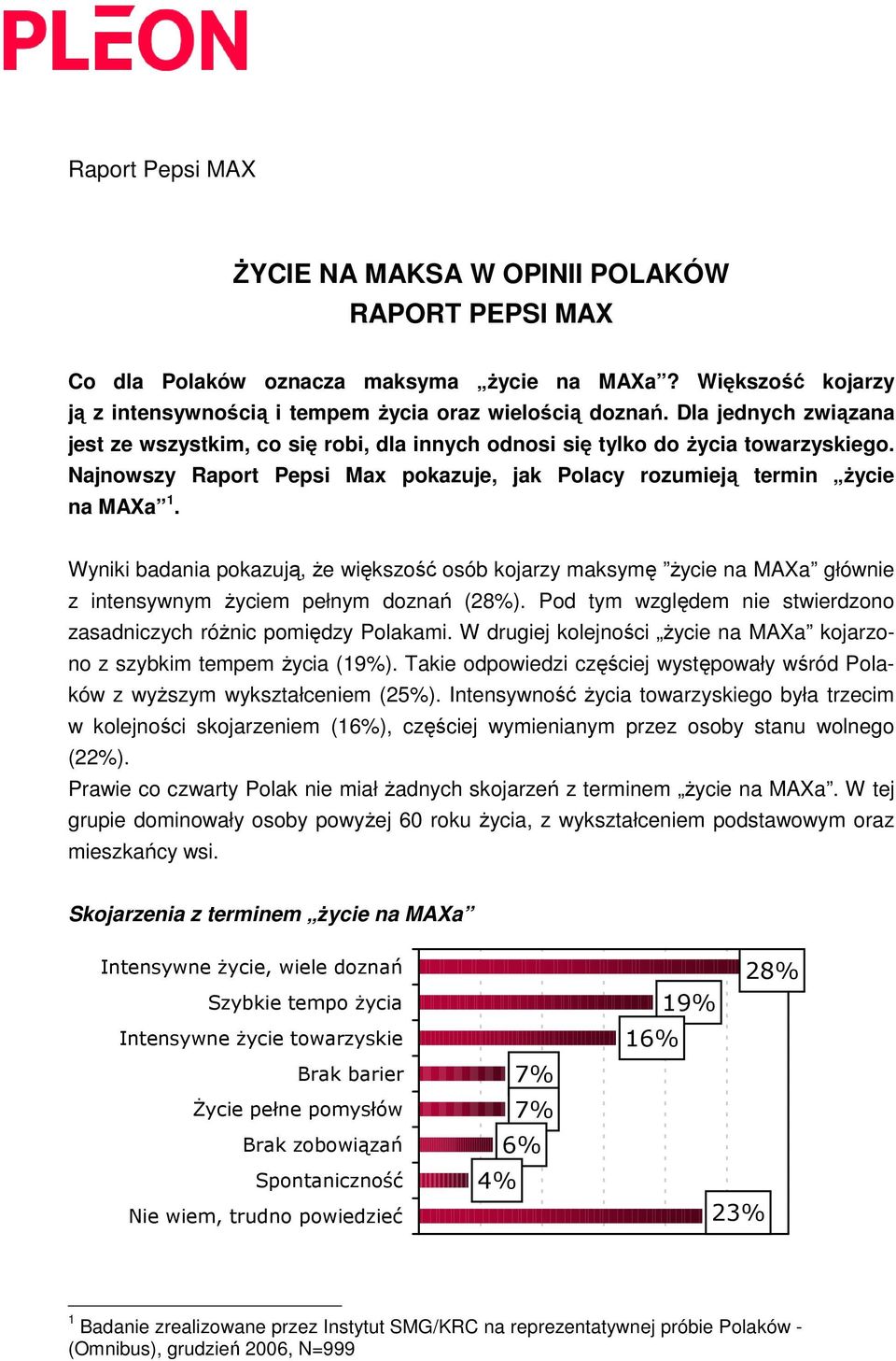 Wyniki badania pokazują, Ŝe większość osób kojarzy maksymę Ŝycie na MAXa głównie z intensywnym Ŝyciem pełnym doznań (28%). Pod tym względem nie stwierdzono zasadniczych róŝnic pomiędzy Polakami.