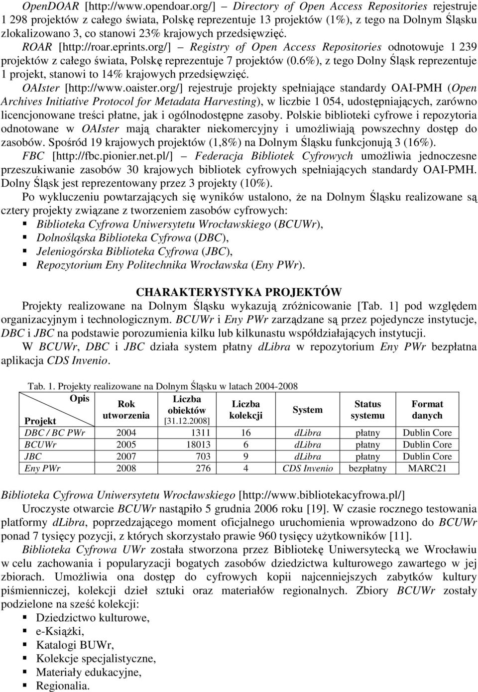 przedsięwzięć. ROAR [http://roar.eprints.org/] Registry of Open Access Repositories odnotowuje 1 239 projektów z całego świata, Polskę reprezentuje 7 projektów (0.