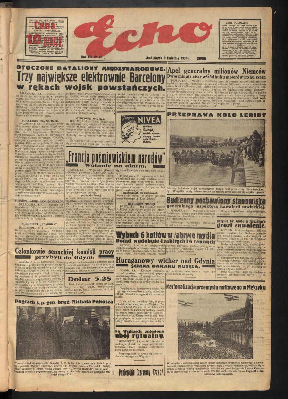 , nekrologi 40 gr.. zwycz. 15 gr. strona 10 łamów, drobne li gr: za wyraz, dla poszukujących pracy 10 gr., najmniejsze ogłoszenie 1.20 gr., dla bezrobot 1 zl.