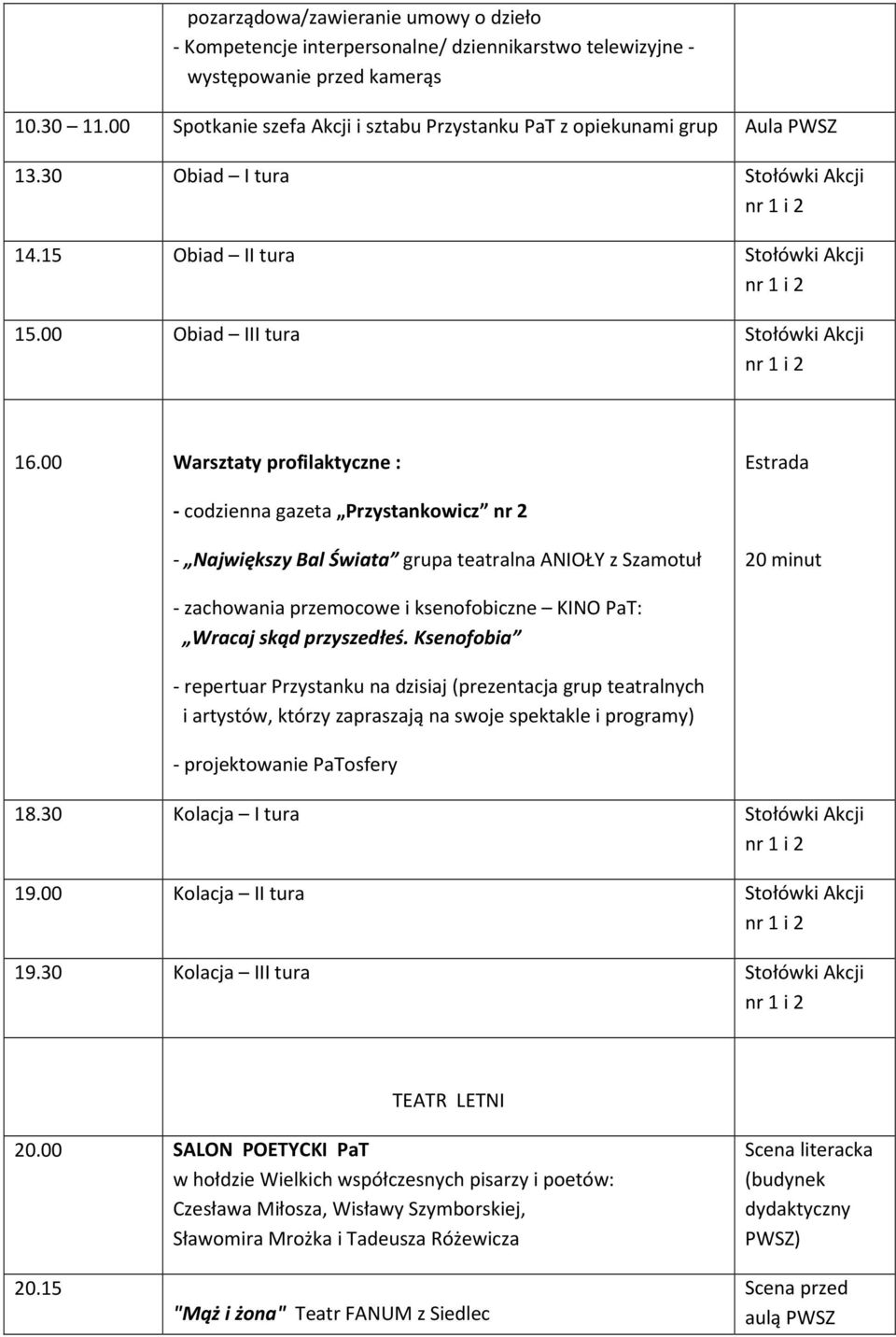 00 Warsztaty profilaktyczne : - codzienna gazeta Przystankowicz nr 2 - Największy Bal Świata grupa teatralna ANIOŁY z Szamotuł 20 minut - zachowania przemocowe i ksenofobiczne KINO PaT: Wracaj skąd