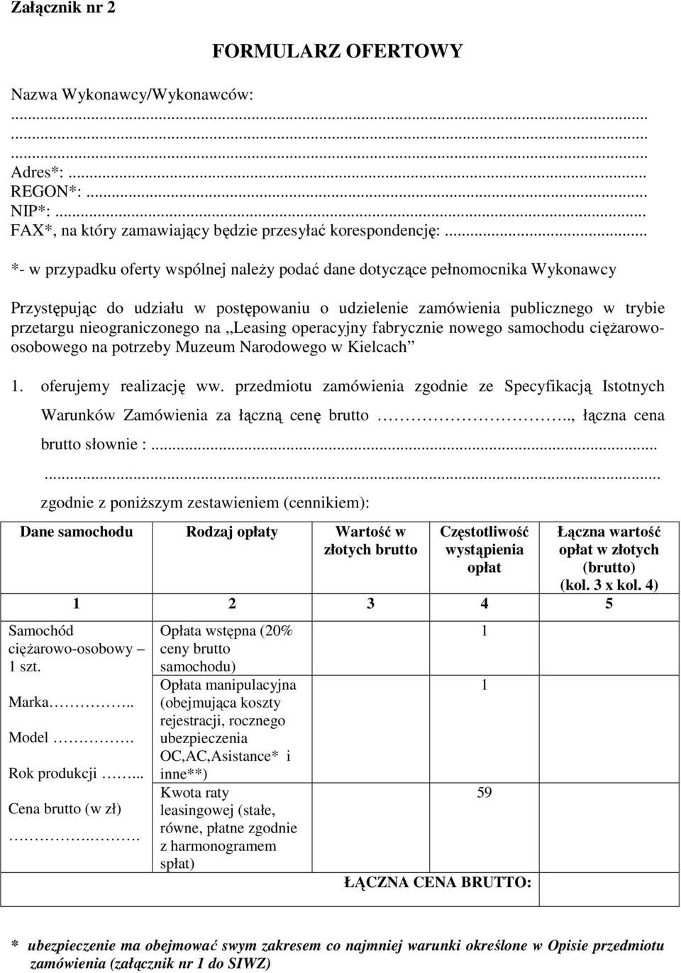 Leasing operacyjny fabrycznie nowego samochodu ciężarowoosobowego na potrzeby Muzeum Narodowego w Kielcach 1. oferujemy realizację ww.