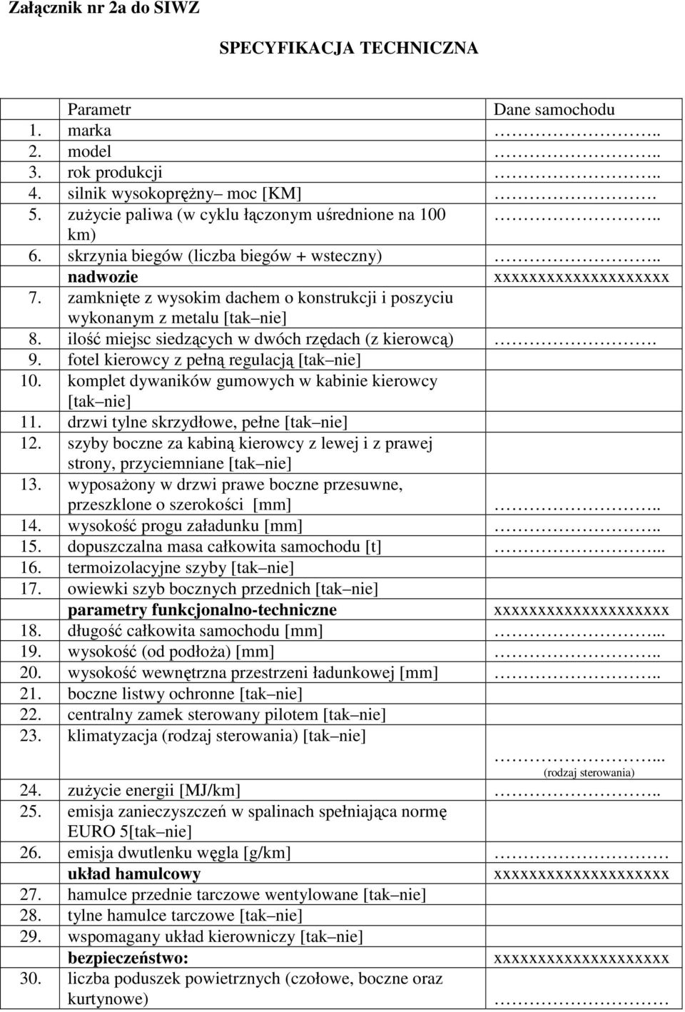 ilość miejsc siedzących w dwóch rzędach (z kierowcą). 9. fotel kierowcy z pełną regulacją [tak nie] 10. komplet dywaników gumowych w kabinie kierowcy [tak nie] 11.