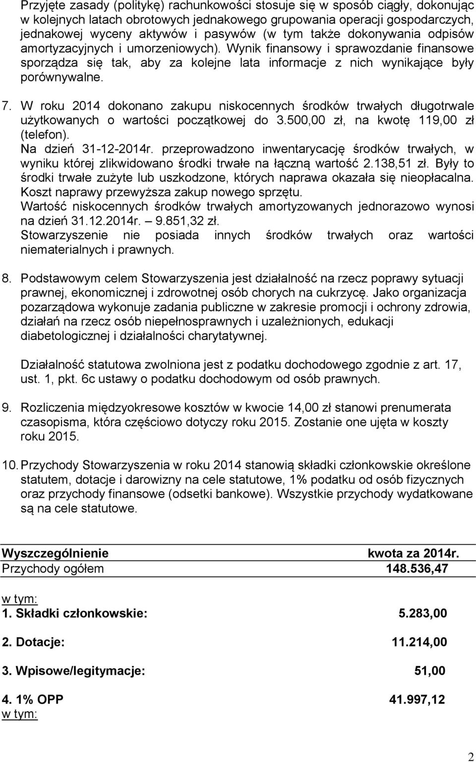 W roku 2014 dokonano zakupu niskocennych środków trwałych długotrwale użytkowanych o wartości początkowej do 3.500,00 zł, na kwotę 119,00 zł (telefon). Na dzień 31-12-2014r.