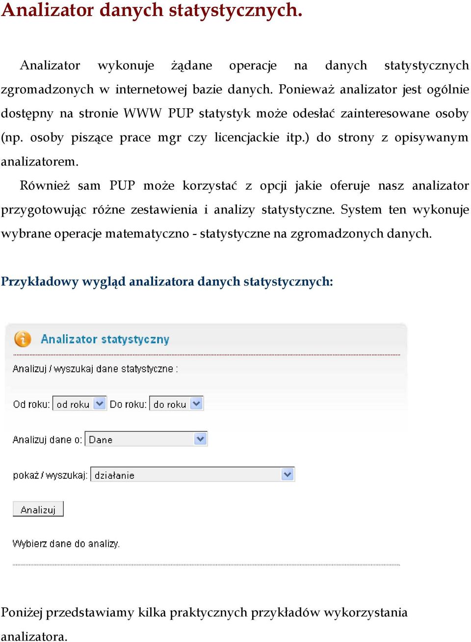 ) do strony z opisywanym analizatorem. RównieŜ sam PUP moŝe korzystać z opcji jakie oferuje nasz analizator przygotowując róŝne zestawienia i analizy statystyczne.