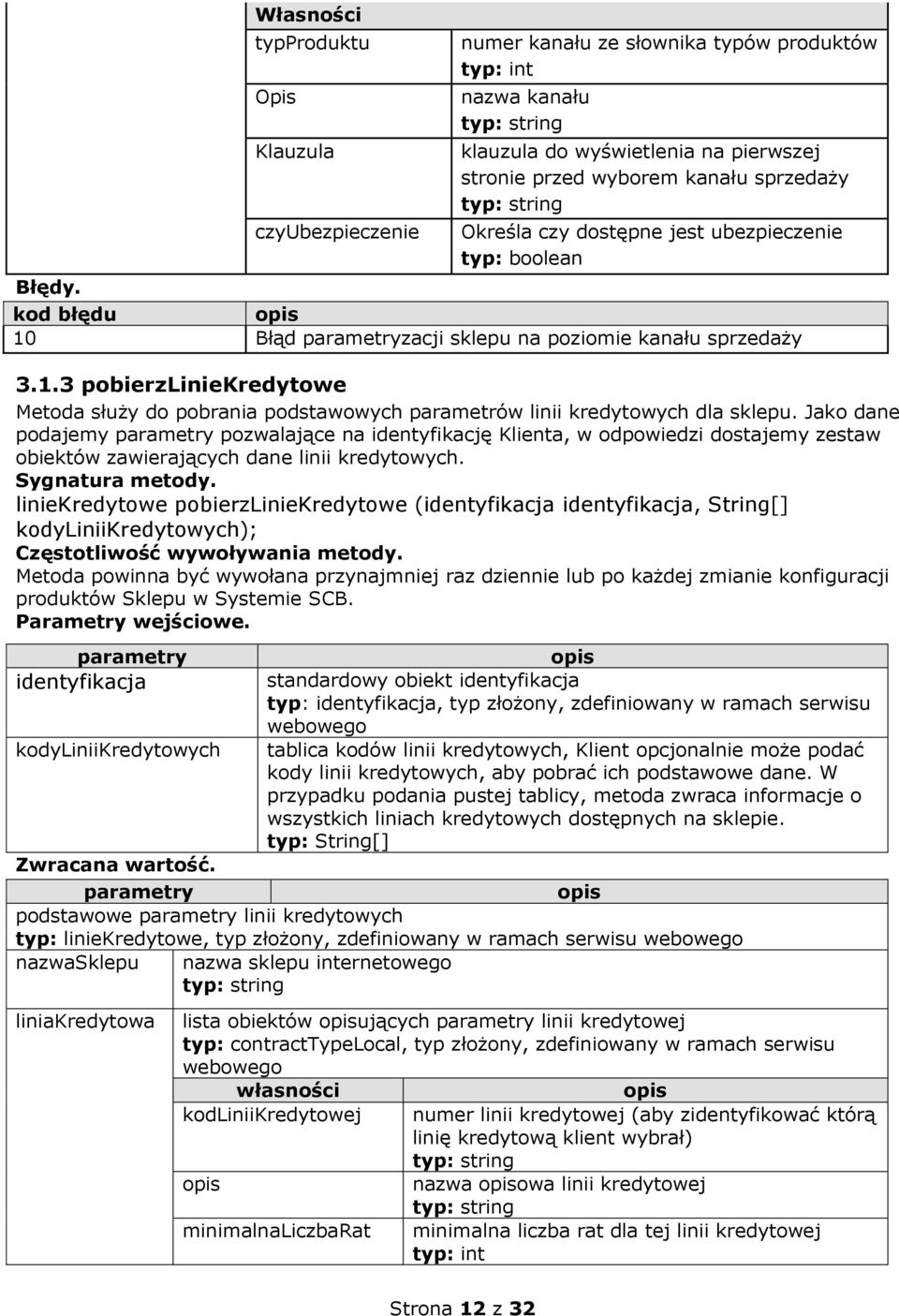 dostępne jest ubezpieczenie typ: boolean kod błędu 10 Błąd parametryzacji sklepu na poziomie kanału sprzedaży 3.1.3 pobierzliniekredytowe Metoda służy do pobrania podstawowych parametrów linii kredytowych dla sklepu.