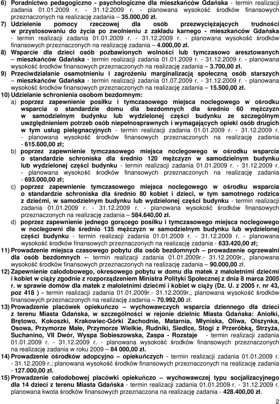 - 31.12.2009 r. - planowana wysokość środków finansowych przeznaczonych na realizację zadania 4.000,00 zł.