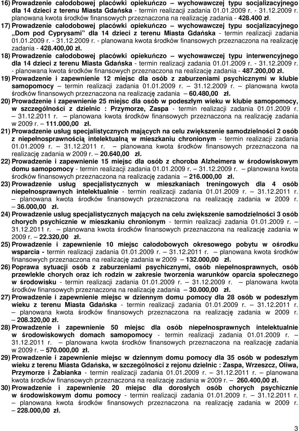 17) Prowadzenie całodobowej placówki opiekuńczo wychowawczej typu socjalizacyjnego Dom pod Cyprysami dla 14 dzieci z terenu Miasta Gdańska - termin realizacji zadania 01.01.2009 r.