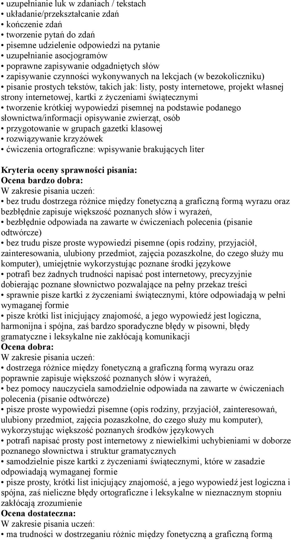 życzeniami świątecznymi tworzenie krótkiej wypowiedzi pisemnej na podstawie podanego słownictwa/informacji opisywanie zwierząt, osób przygotowanie w grupach gazetki klasowej rozwiązywanie krzyżówek